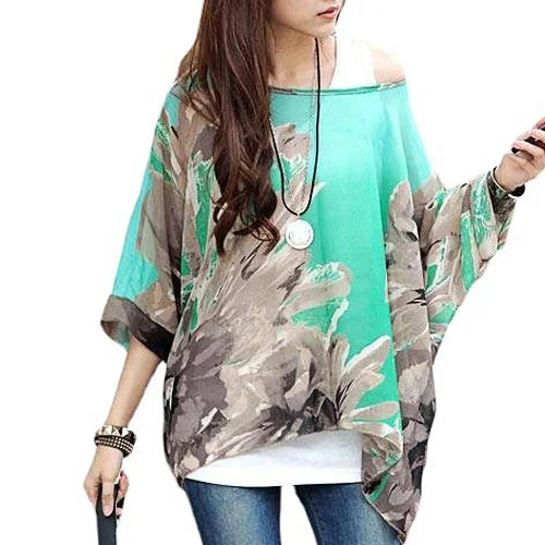 Women New Striped Print Summer Tops Tees Batwing Sleeve Casual Chiffon Blouses