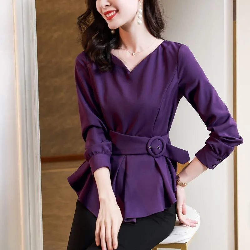 Women's Irregular Hem Elegant V-Neck Solid Color Shirt