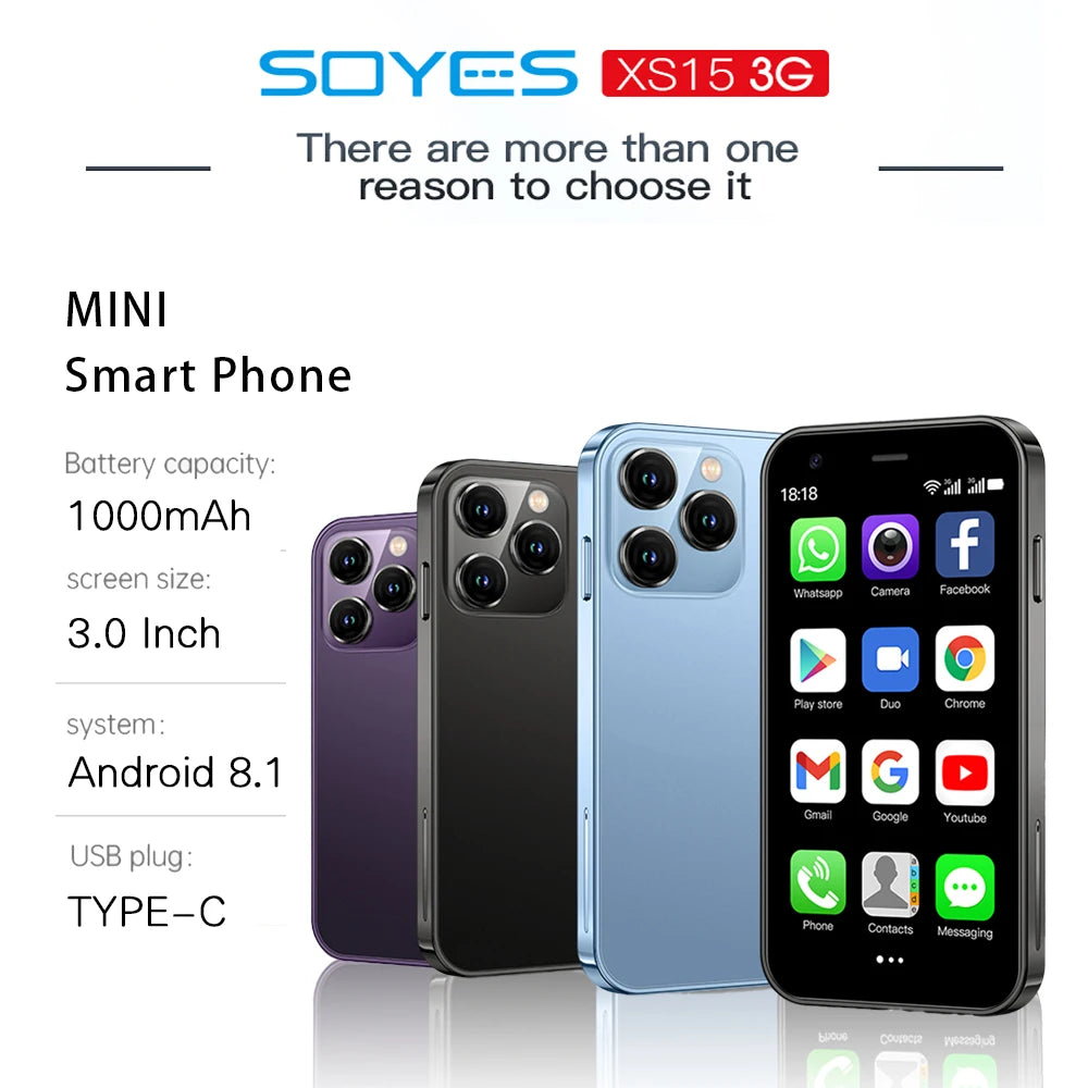 SOYES XS15 Ultra-thin Smartphone 2GB+16GB Android 8.1 3G Dual SIM 3.0 Inch Phone 1000mAh Wifi GPS Mini Small Cell Phone