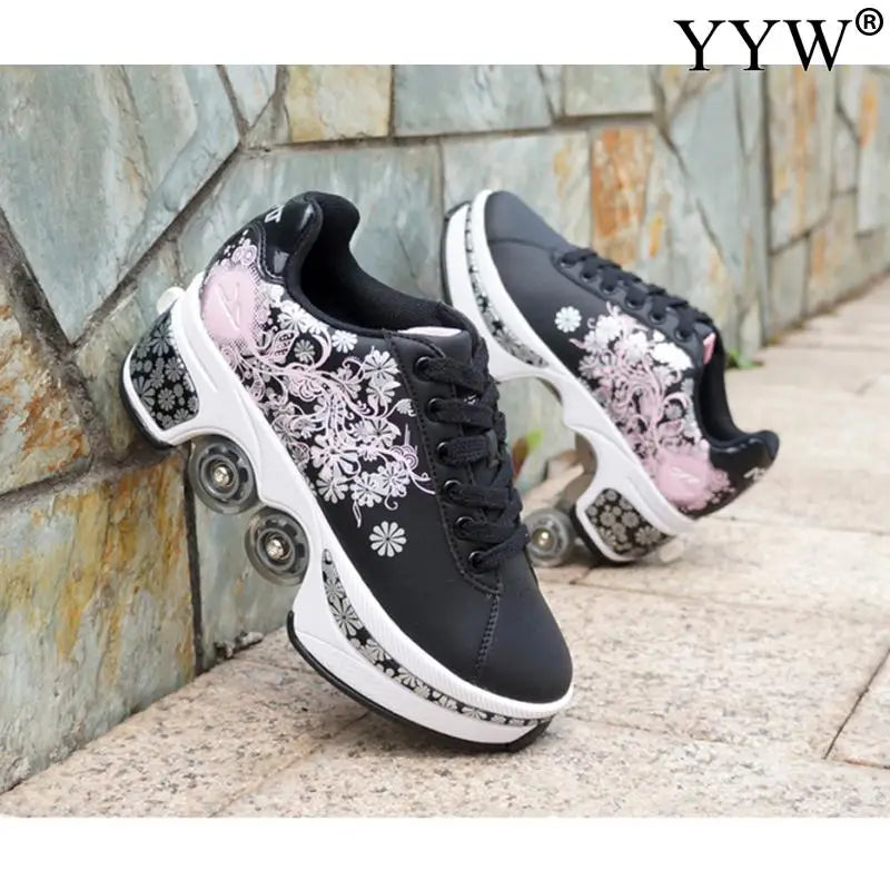 Casual Sneakers Walk Roller Skates Deform Runaway Four Wheel Skates for Adult Men Women Unisex Child Deform Wheel Parkour Shoes