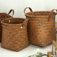 Foldable Woven Storage Basket with PU Handles Imitation Rattan Wicker Box Home Decor