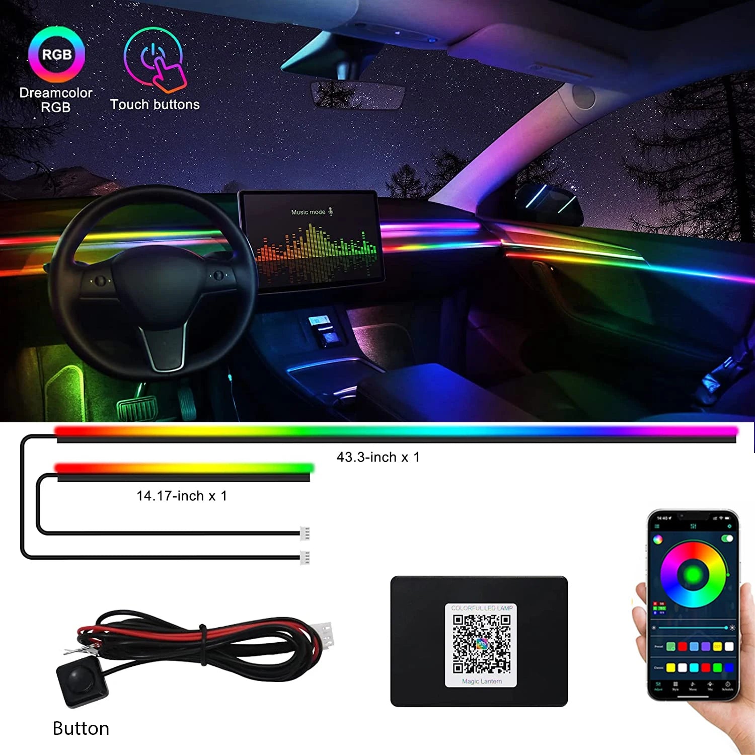 Car LED Ambient Light Symphony Rainbow Interior RGB Neon Acrylic Strip