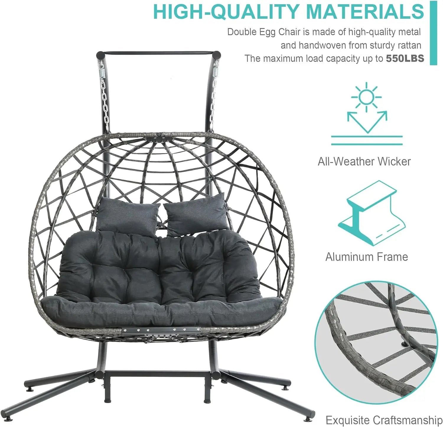 Double Egg Swing Chair with Stand, 1/2 Person Wicker Hanging Chair with Stand