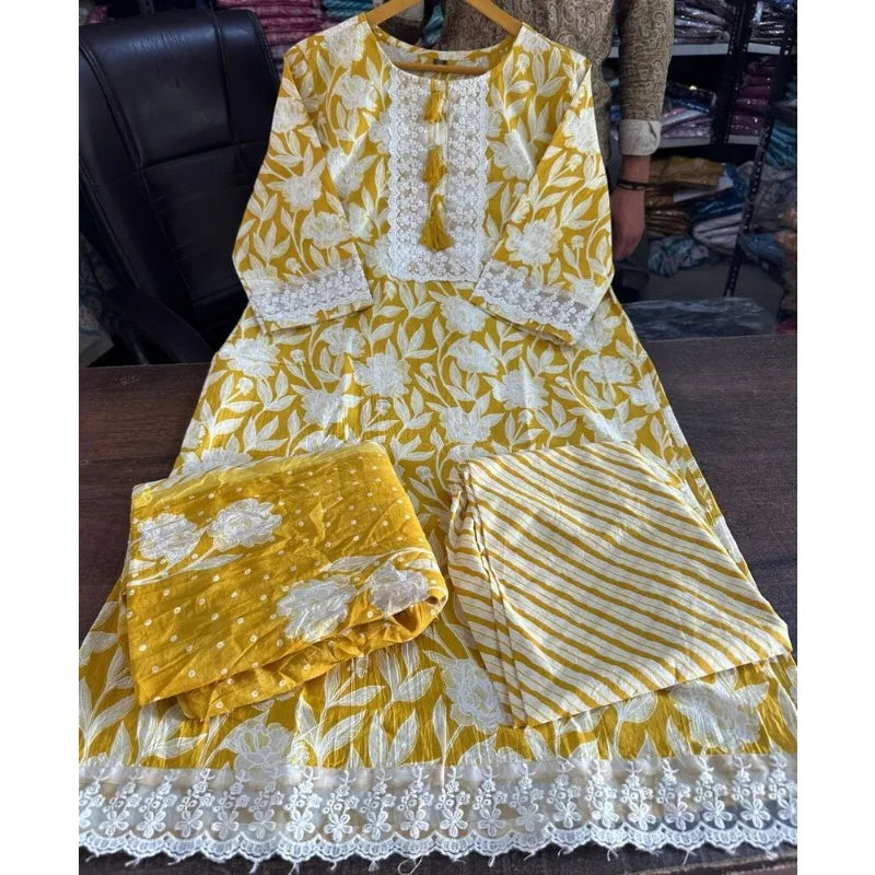 Fully Stitched Salwar Kameez Yellow Color Printed Kurta Palazzo with Dupatta Set