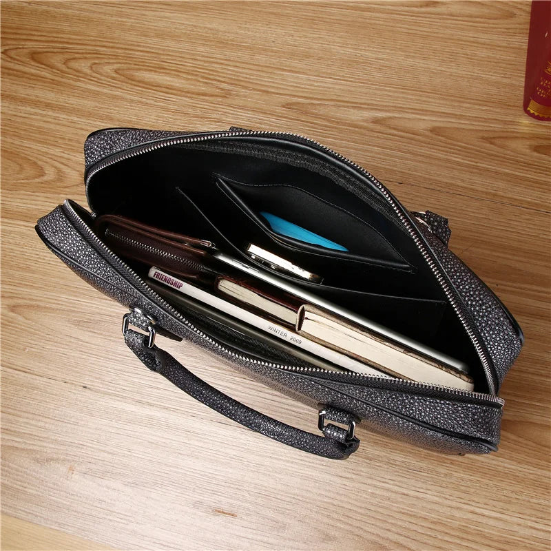 Genuine leather handheld business briefcase, pearl fish computer bag