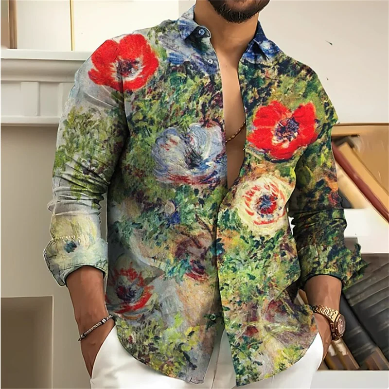 Vintage 2023 Men's Shirt Floral 3D Printing Lapel Long Sleeve Outdoor Streetwear Fashion Dress