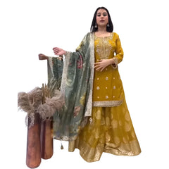 Yellow Silk Embroidery Work Full Sleeves Kurta Flared Sharara Dupatta, Pakistan