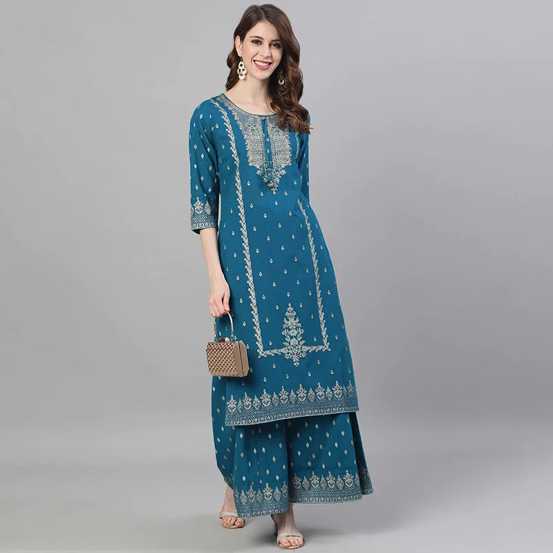 Indian Apparel Women's Ethnic Set 2-Piece Cotton Printed Navy Blue Indian Traditional Dress