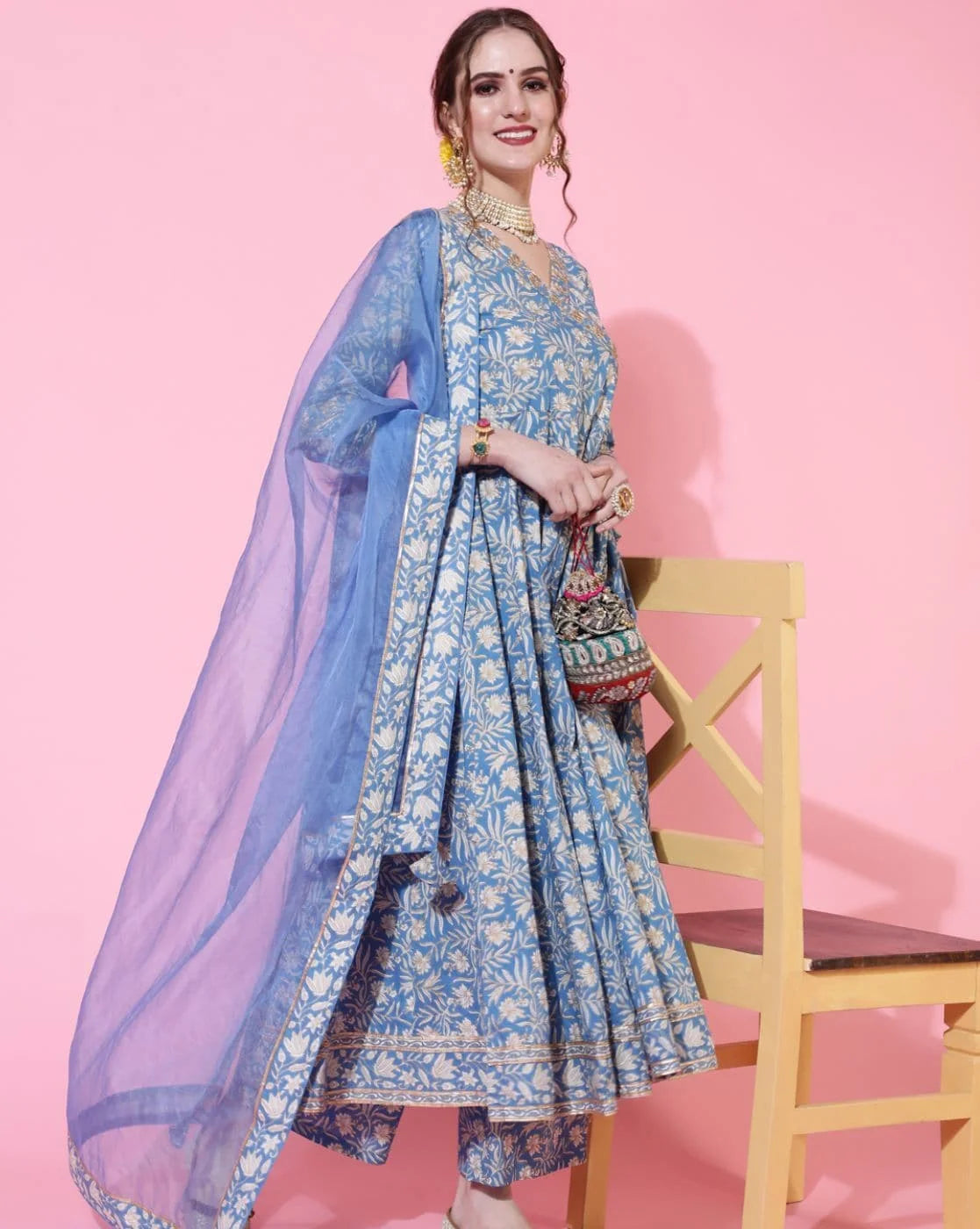 Indian Ethnic Style Blue Pure Cotton Floral Dress With Printed Casual Daily Three Piece Set\