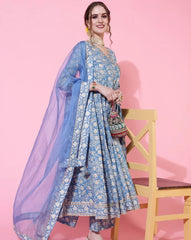 Indian Ethnic Style Blue Pure Cotton Floral Dress With Printed Casual Daily Three Piece Set\