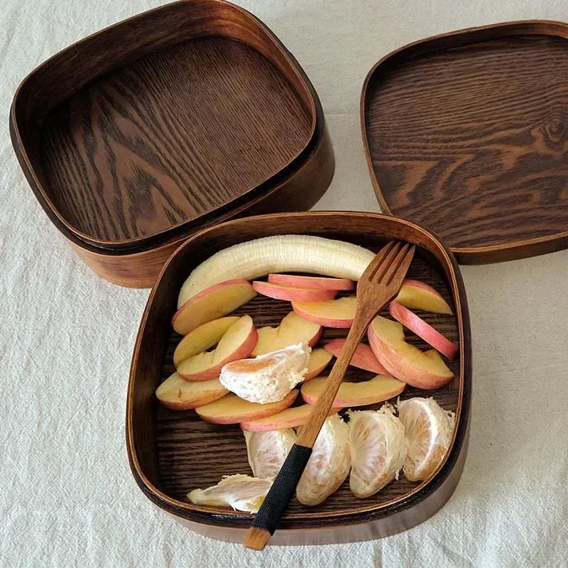 Japanese Wooden Lunch Box Picnic Bento Box Student Lunchbox Double Layer with Spoon Fork Tableware Set Sushi Food Container