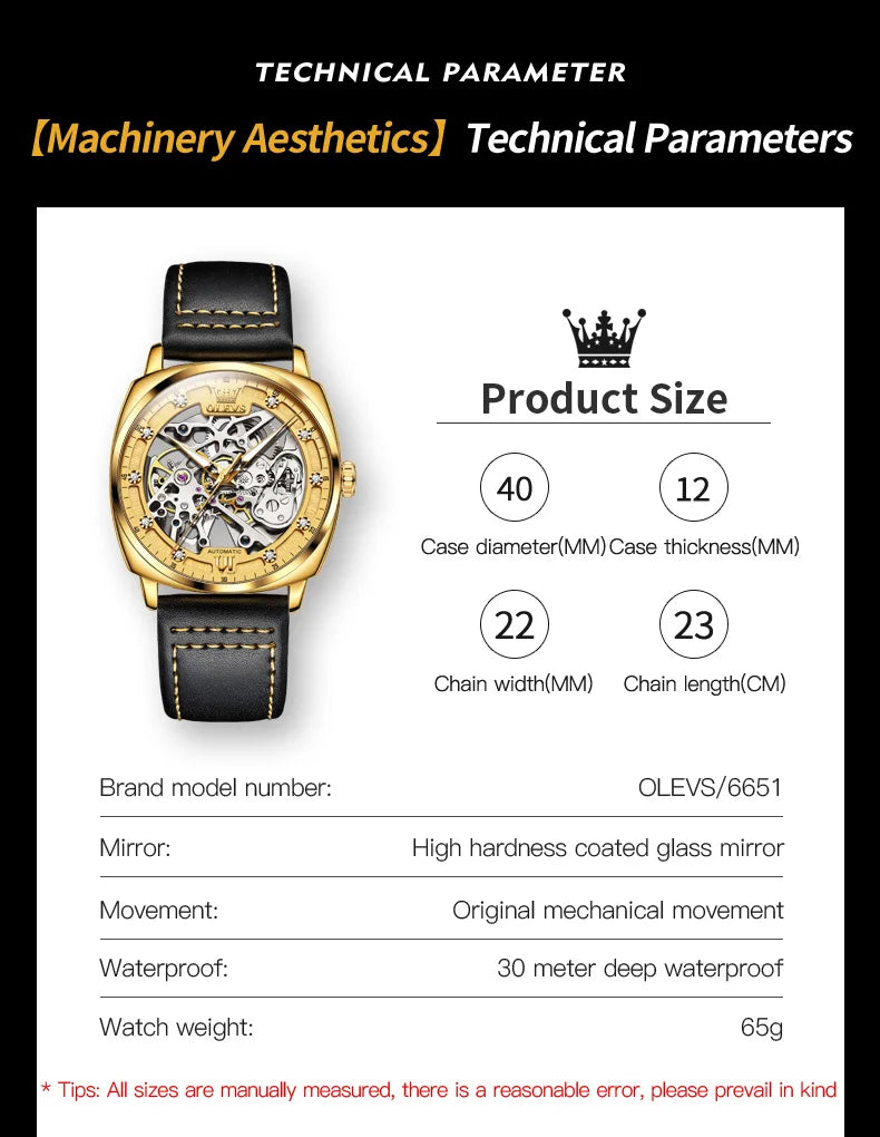 OLEVS Top Luxury Automatic Mechanical Watch Business Leather Strap Waterproof Luminous Watch