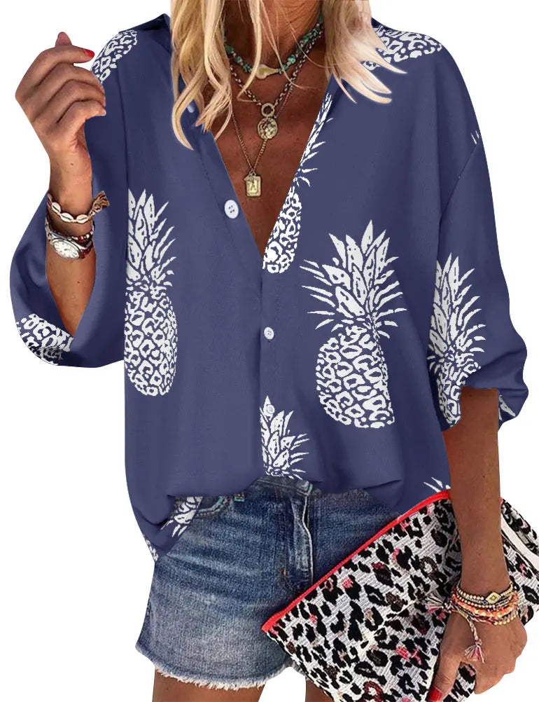 Autumn New Pineapple Print Long-Sleeved V-Neck White Button Blouse Korean Harajuku Fashion Ladies Popular Shirt