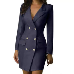 Women Blazer Dress Double Breasted Long Sleeve V-neck Button Front Military Style Dress