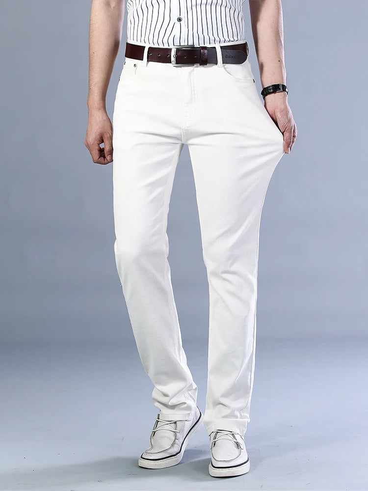 Autumn Classic Style Men's Slim White Jeans Business Casual Cotton Stretch Khaki Denim Pants