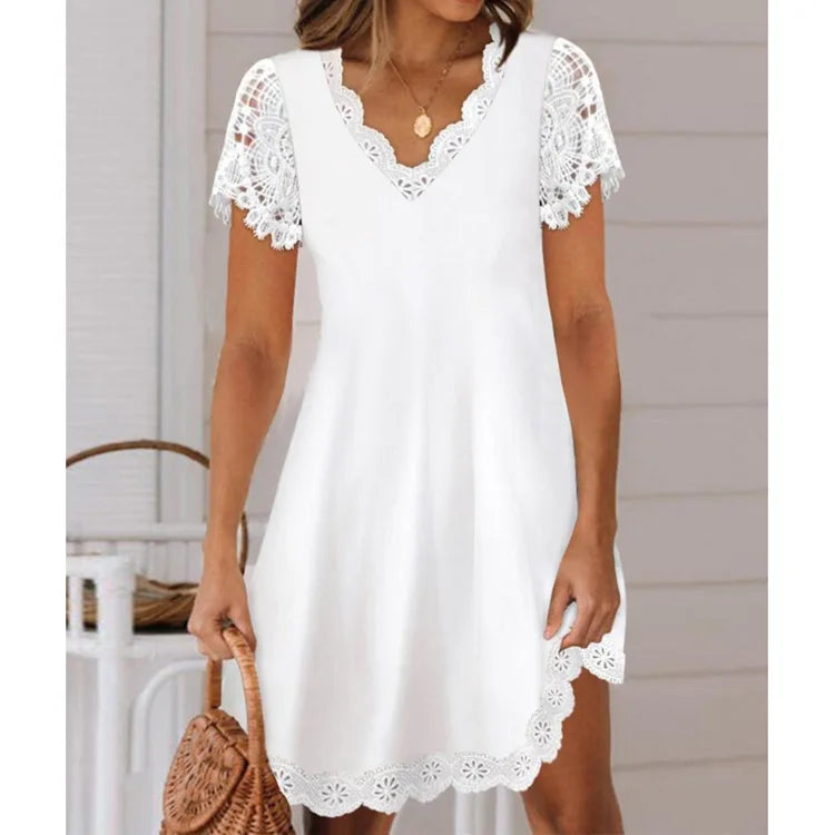 Summer New Solid Color Lace Short Sleeved V-neck Women's Dress