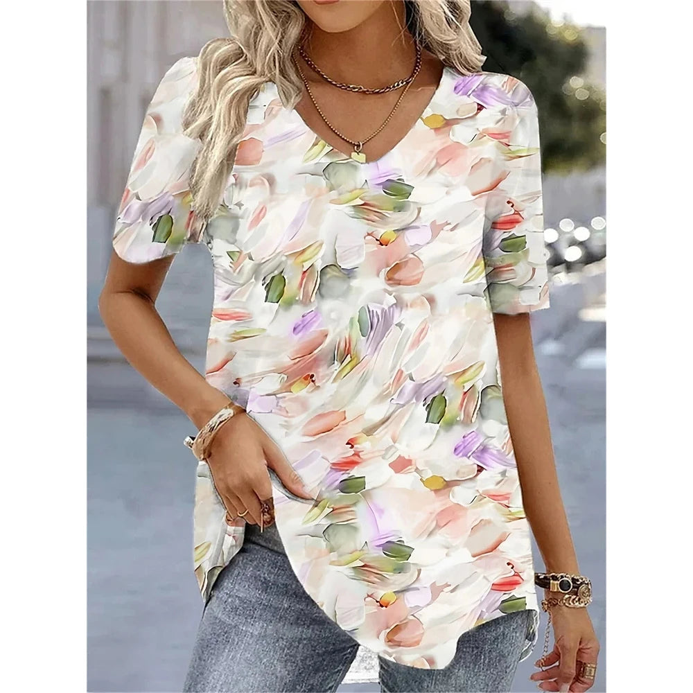 Women's T-Shirt Summer V-Neck Tee Loose Casual Top