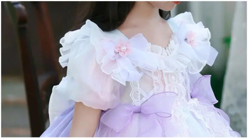 Summer Children‘s Spanish Lolita Princess Ball Gown Lace Bow Mesh Design Birthday Party Girls Dresses A3871