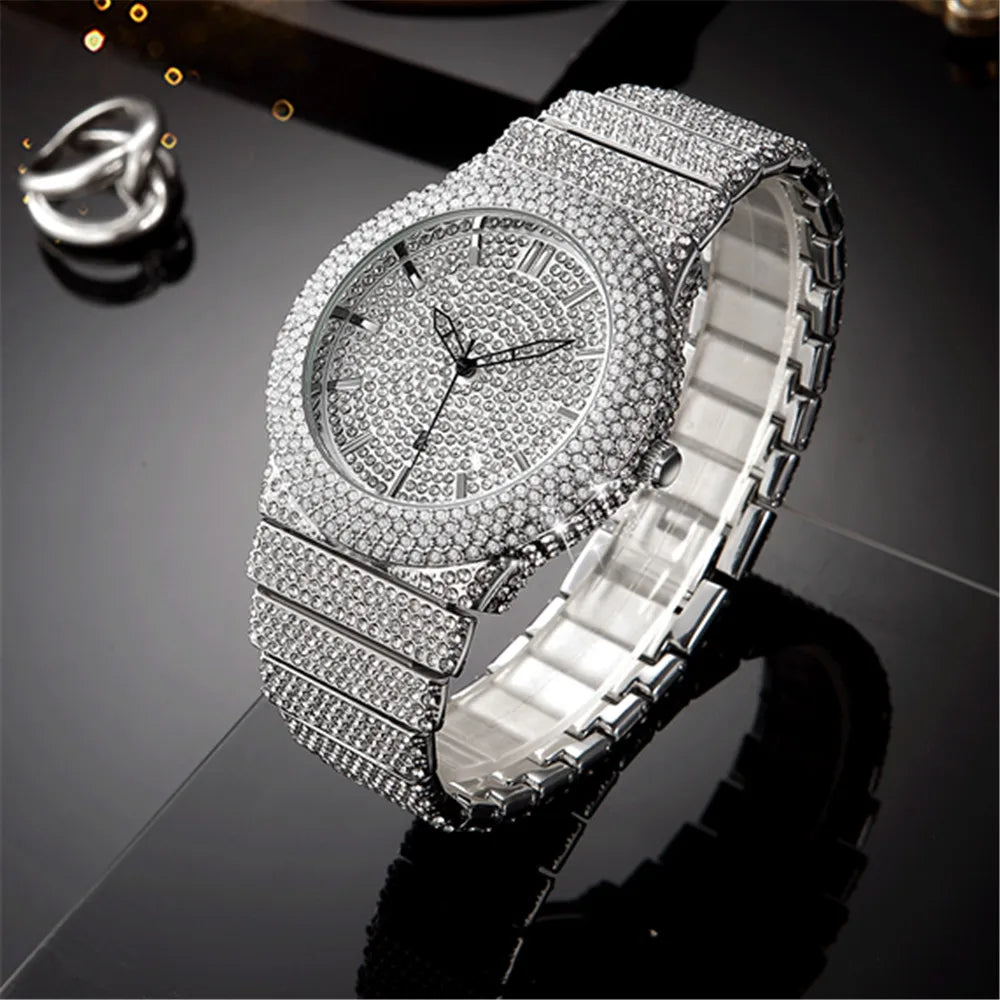 Big Brand Watches For Male Fashion Alloy Band Hip Hop Diamond Golden Date Quartz