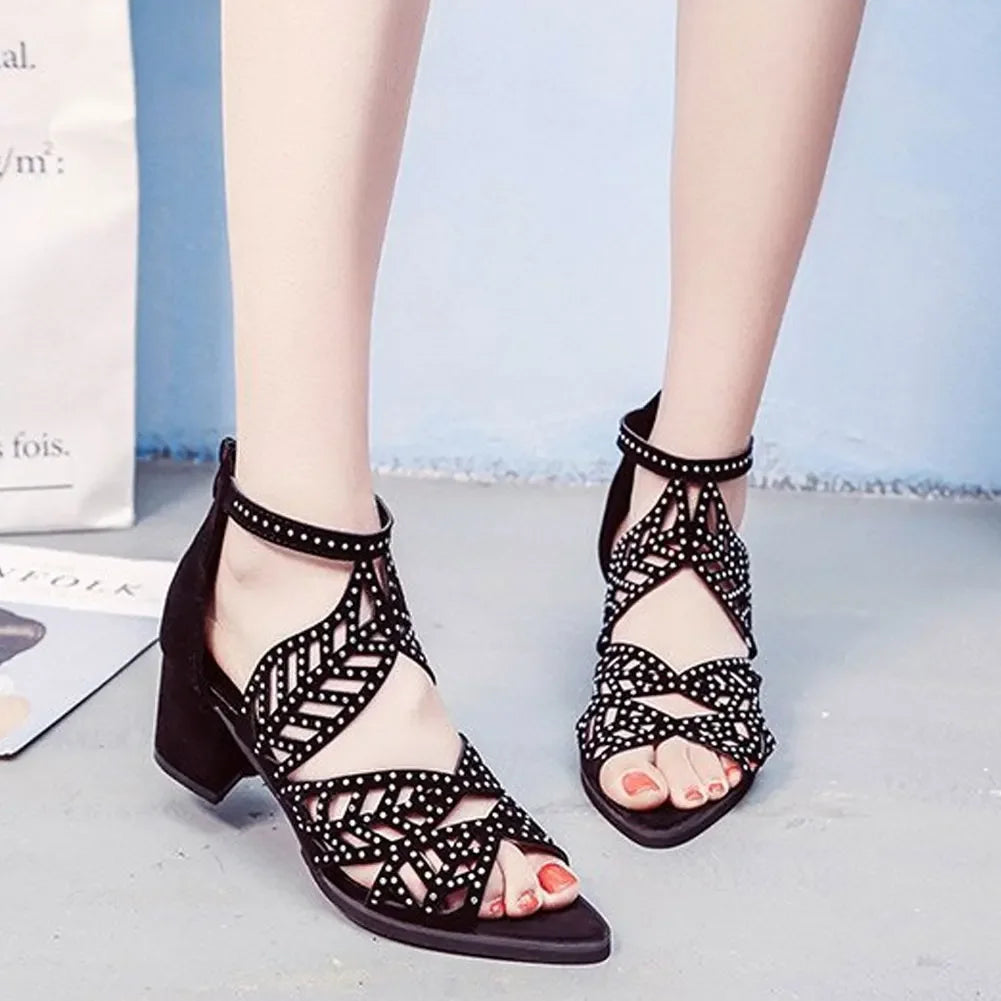 Women Summer Hollow Out Faux Leather Rhinestones Thick Heel Zipper Sandals