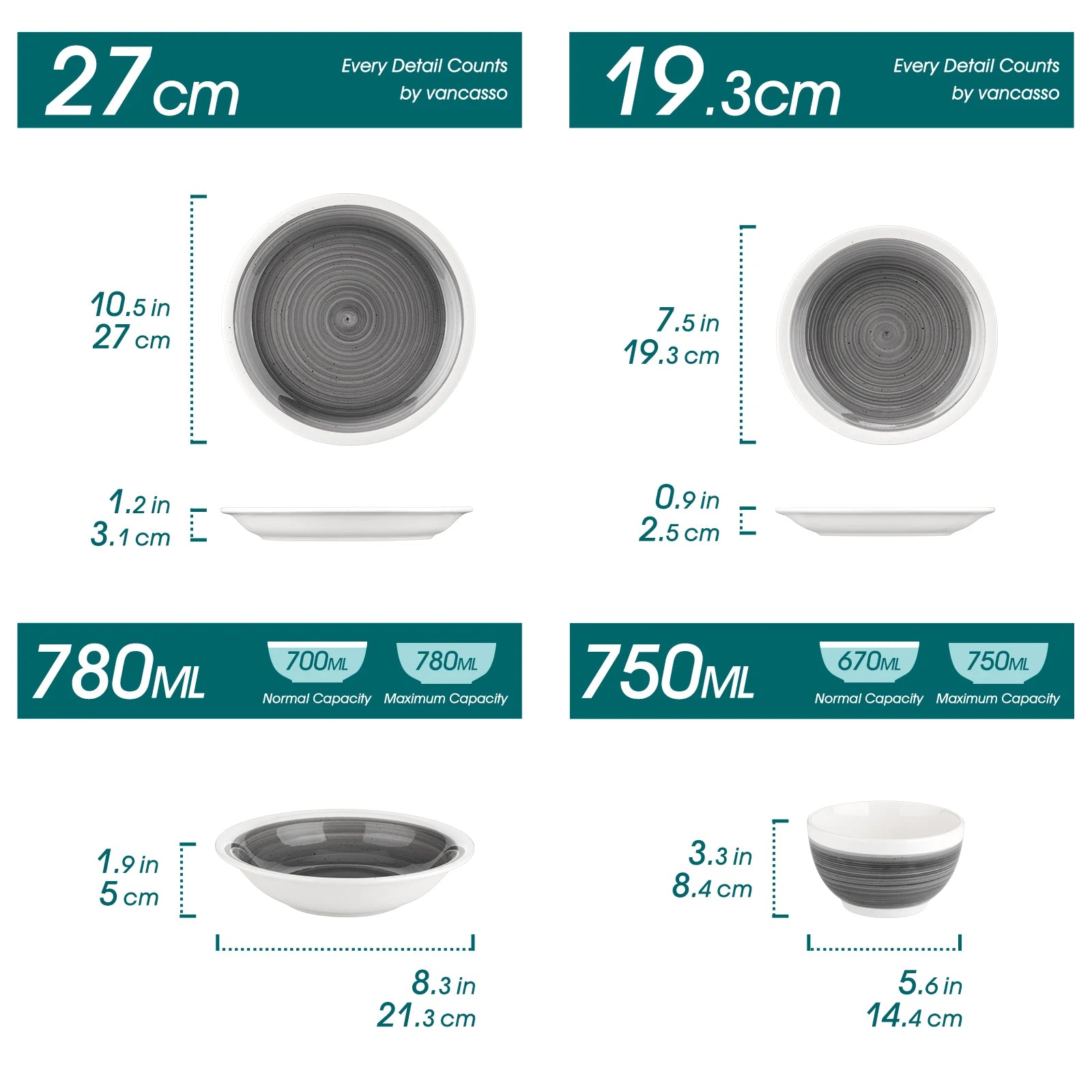 Grey Color Stoneware Tableware Set with Dinner/Dessert Plate Cereal/Pasta Bowl  For 4/8 Person