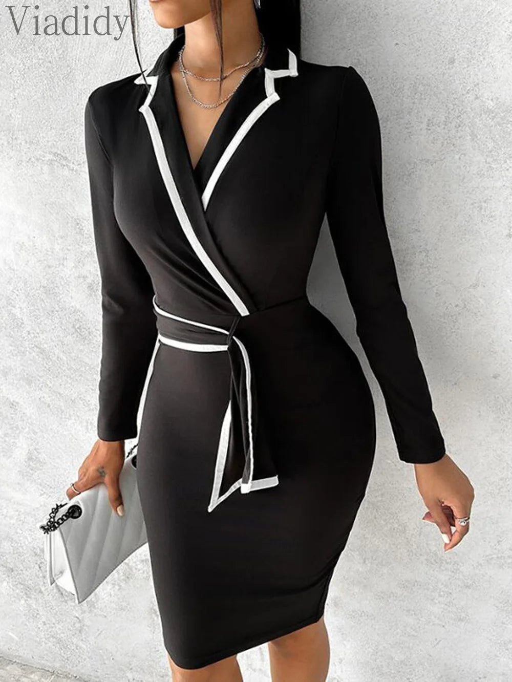 Women Elegant Colorblock Contrast Binding Notched Collar Blazer Dress