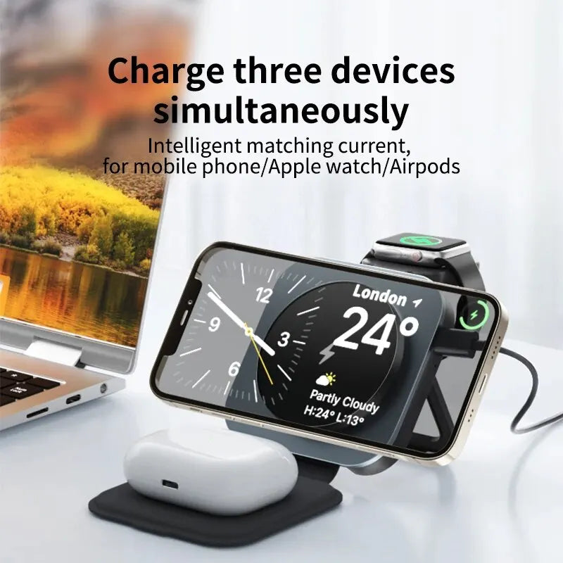 3 in 1 Foldable Magnetic Wireless Charger Stand Macsafe for iPhone 15 14 13 12 Apple Watch 8 7 6 Airpods Fast Charging Station