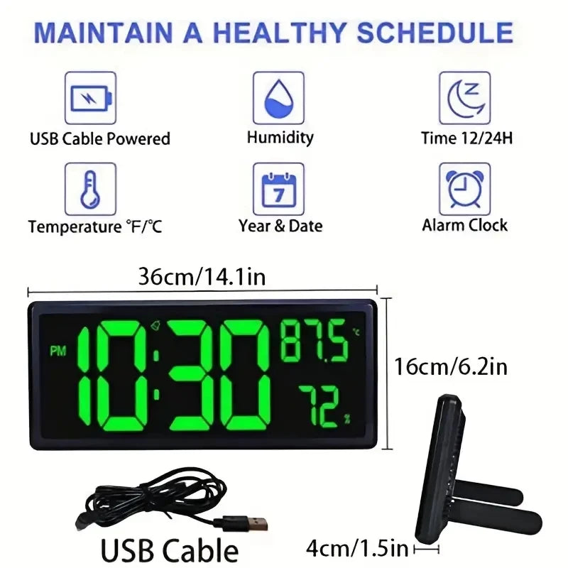 Large LED Digital Wall Clock With Date Indoor Temperature Display Desk Office Alarm Clock