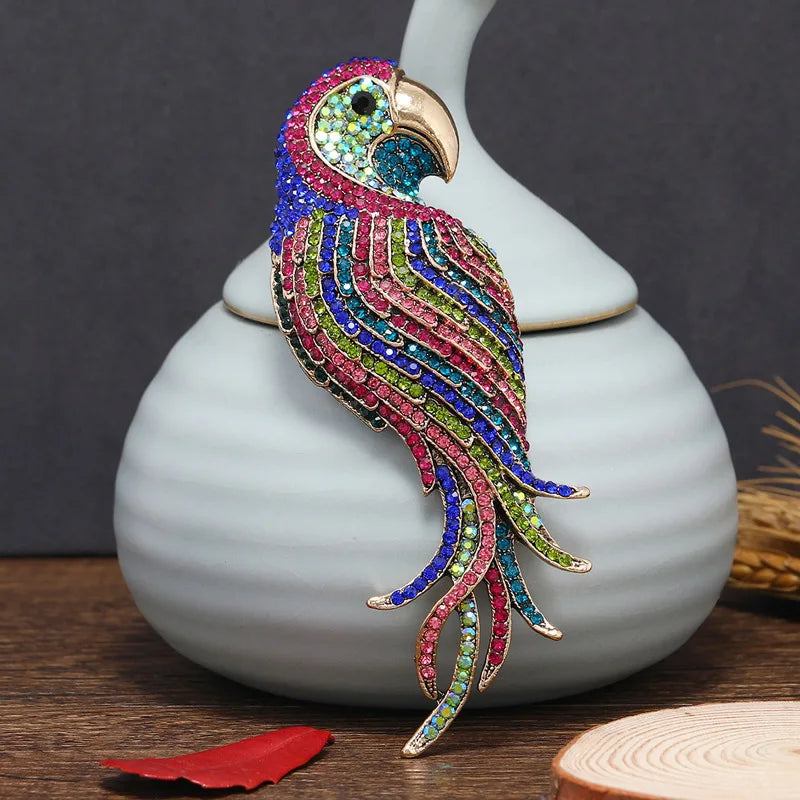 Retro Colored Rhinestone Parrot Brooch Animal Brooches Pin for Women Girls Clothing Accessories