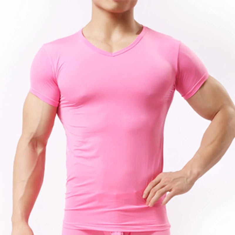 Men's Sheer Undershirts Man Ice Silk Mesh See through Basics Shirts