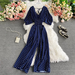 V Neck Dolman Sleeves Waist Slim Polka Dot Print Jumpsuit Women Wide Leg Trousers Jumpsuit