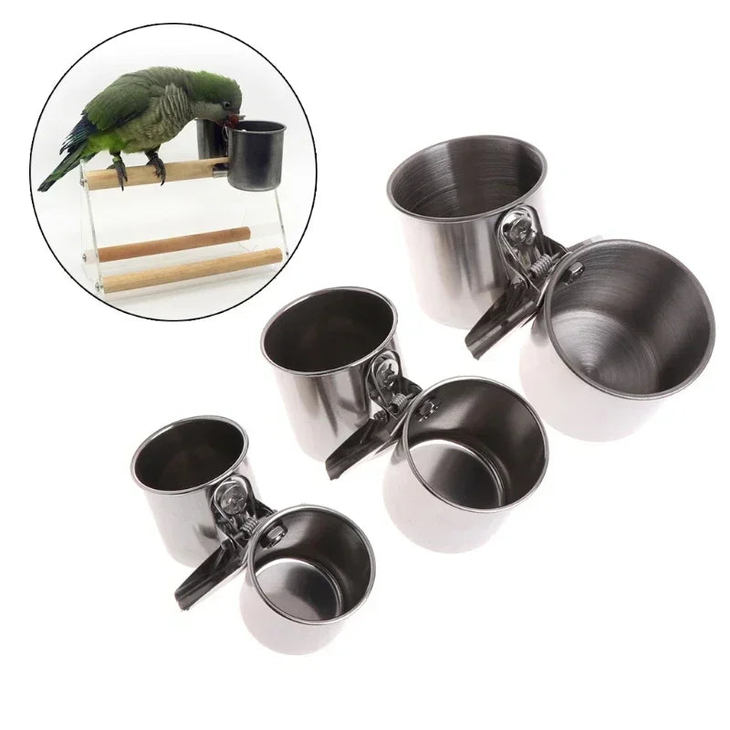 Bird Feeder Cup with Clamp Stainless Steel Feeding Dish Food & Water Bowl for Parrots