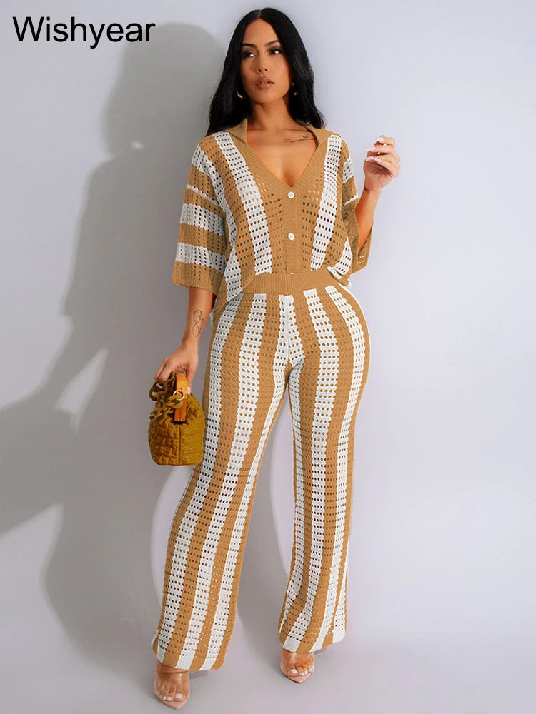 Summer Hollow Stripe Vacation Outfit for Women's Beach Lapel V Neck Half Sleeves Shirts and Wide Leg Pants