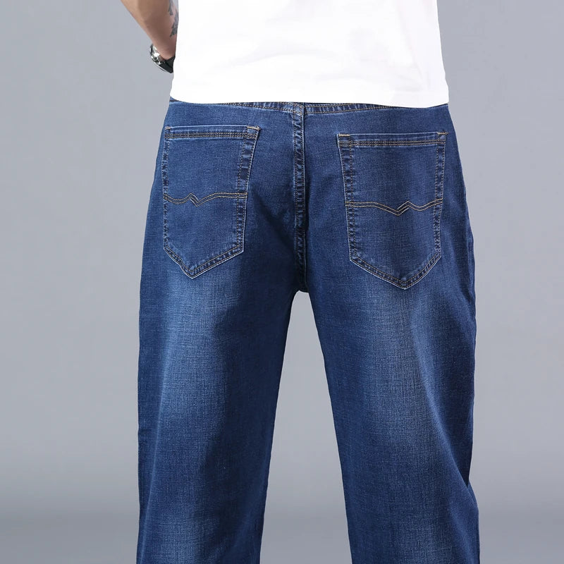 SHAN BAO cotton stretch men's straight loose loose summer thin jeans  spring classic brand casual lightweight jeans blue