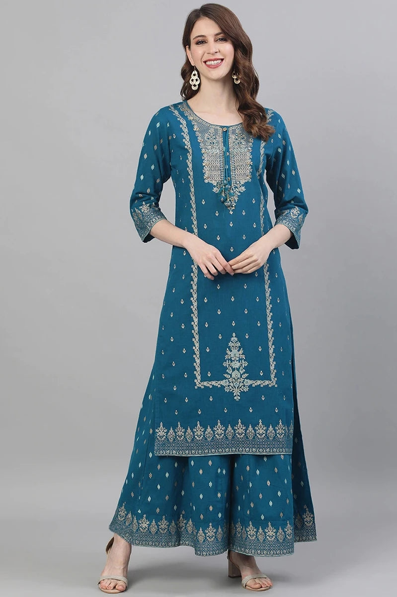 Indian Apparel Women's Ethnic Set 2-Piece Cotton Printed Navy Blue Indian Traditional Dress