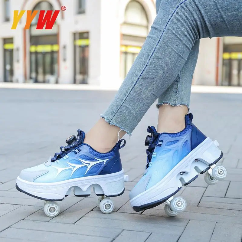 Four-Wheel Dual-Use Skating Shoes Double-Row Roller Student Men's Casual Sneakers Women's Men's Sport Walking Running Shoes