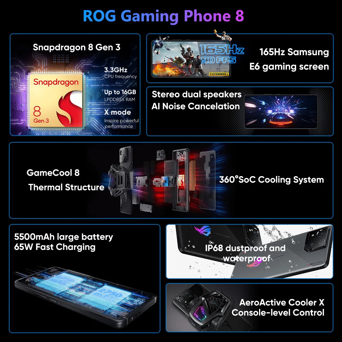 2024 New ASUS ROG 8 & 8 pro 5G Gaming Phone Snapdragon 8 Gen 3 6.78'' 165Hz AMOLED Screen 5500mAh 65W Fast Charge Global Rom