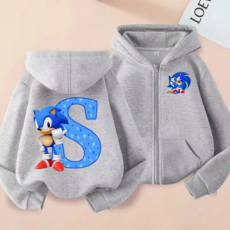 New Sonics Boys Zip-up Hoodies Kids Anime Hoodie Cartoon Letter Printed Tops Winter Warm Jacket Coat Autumn Children Clothing