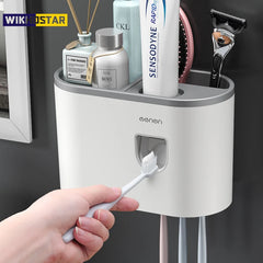 WIKHOSTAR Automatic Toothpaste Dispenser Multifunctional Storage Rack Wall Mounted Toothbrush Holder