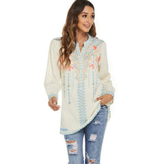 Eaeovni Embroidered Tops Long Sleeve Women's Mexican Boho Peasant Casual Loose Tunic Tops