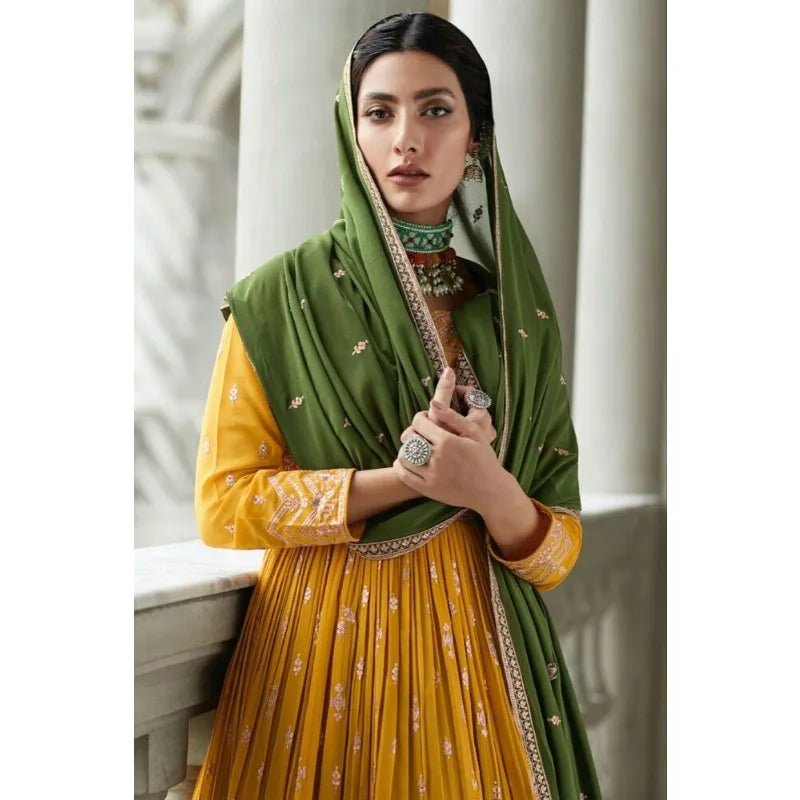 Yellow-Green Color Designer Anarkali Lengha Kameez Suit Pakistani Ramadan Outfit