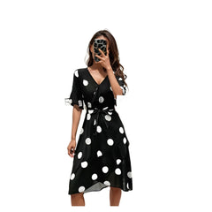 French Style Retro Contrast Color Polka Dot Bell Sleeve Dress