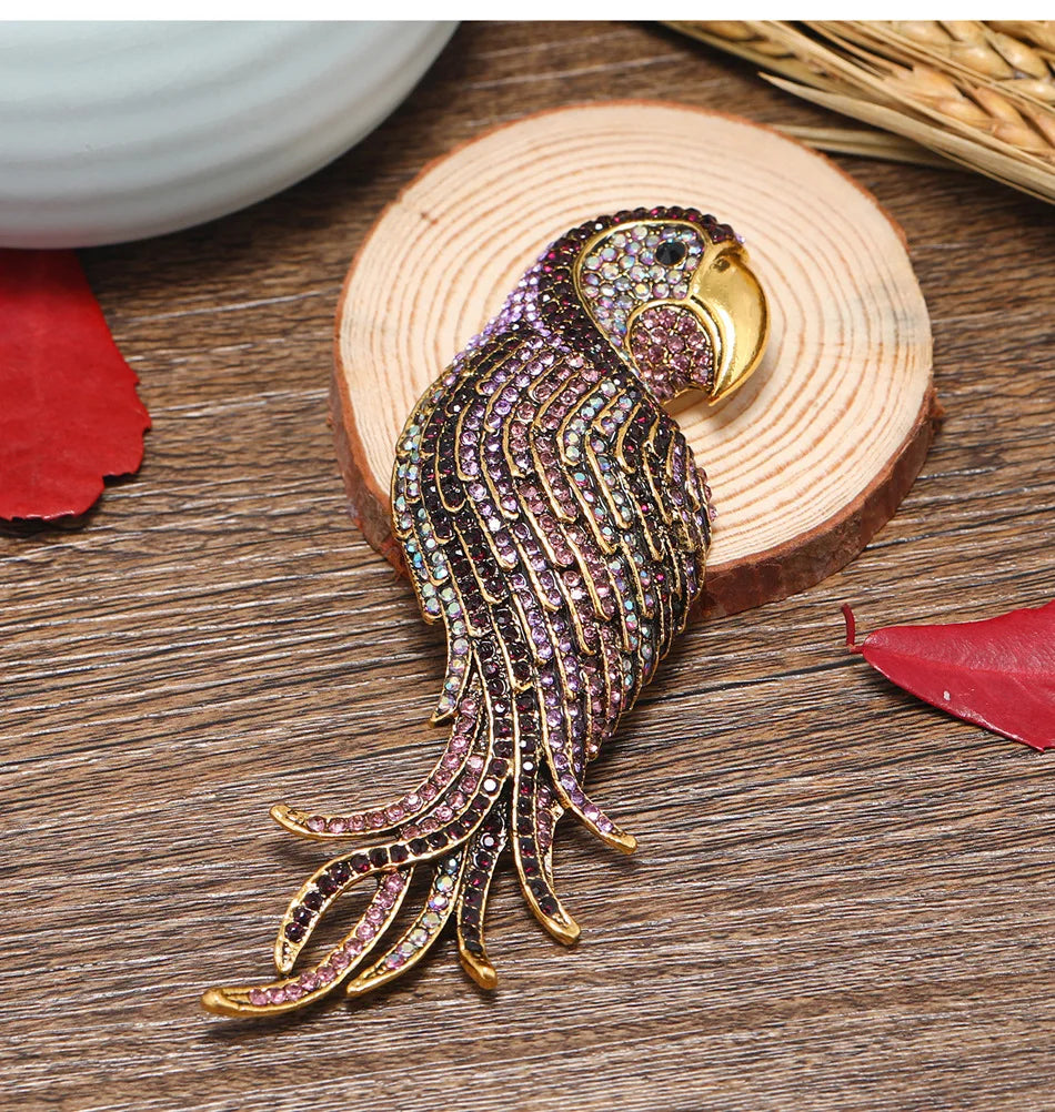 Retro Colored Rhinestone Parrot Brooch Animal Brooches Pin for Women Girls Clothing Accessories