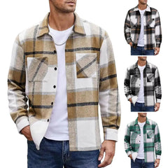 Autumn Winter Plaid Print Shirt Coat Men Lapel Long Sleeve Pocket Shirt Jacket