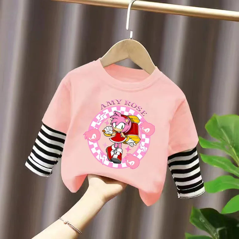 Sonics Kids Clothing Fashion All-match Letter Printing T-shirt Autumn Casual Loose Pure Cotton O-neck Pullover Long Sleeve Top