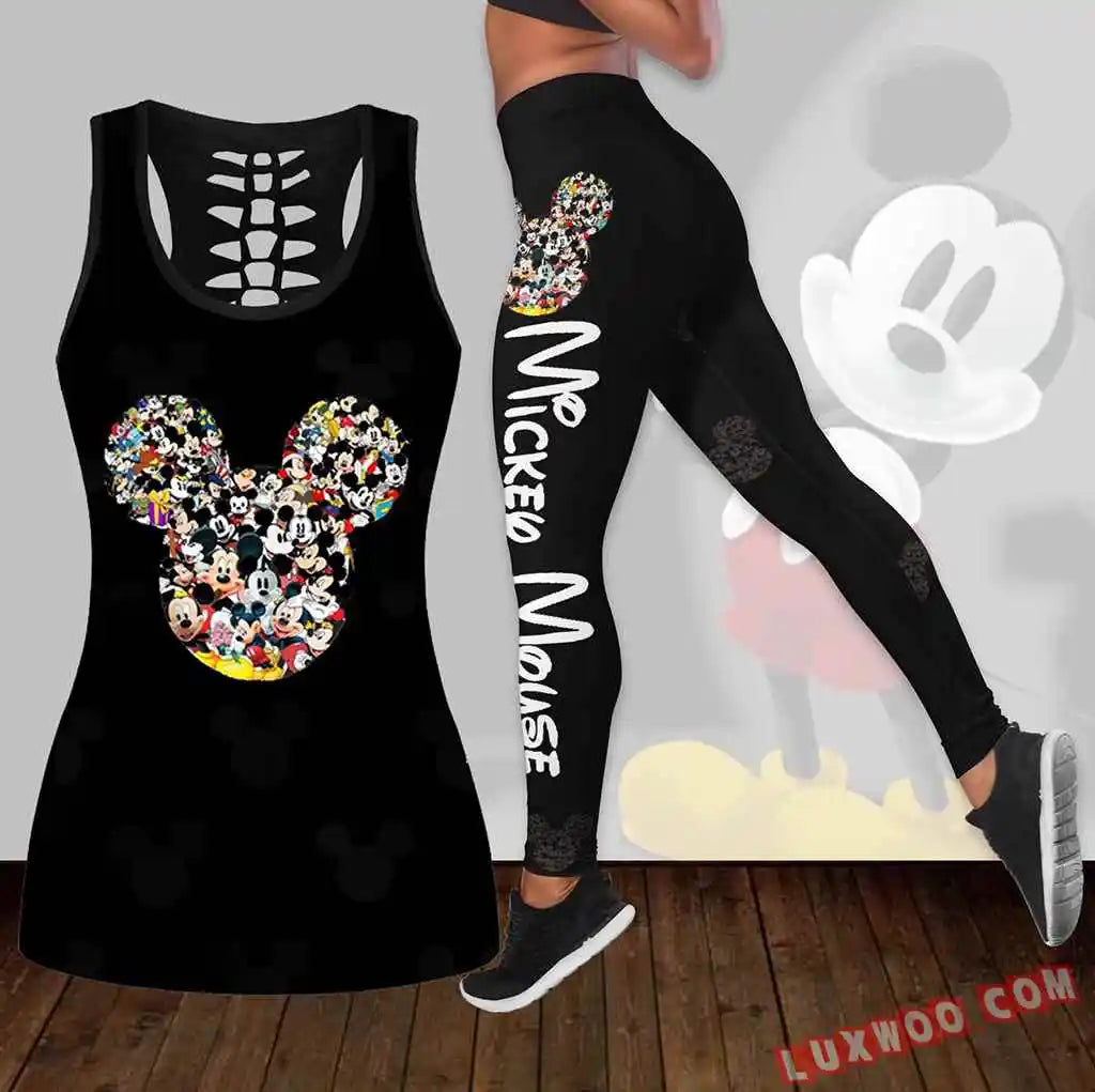 Mickey Women's Hollow Vest Women's Leggings Yoga Suit Fitness Leggings Sports Suit Disney Tank Top Legging Set