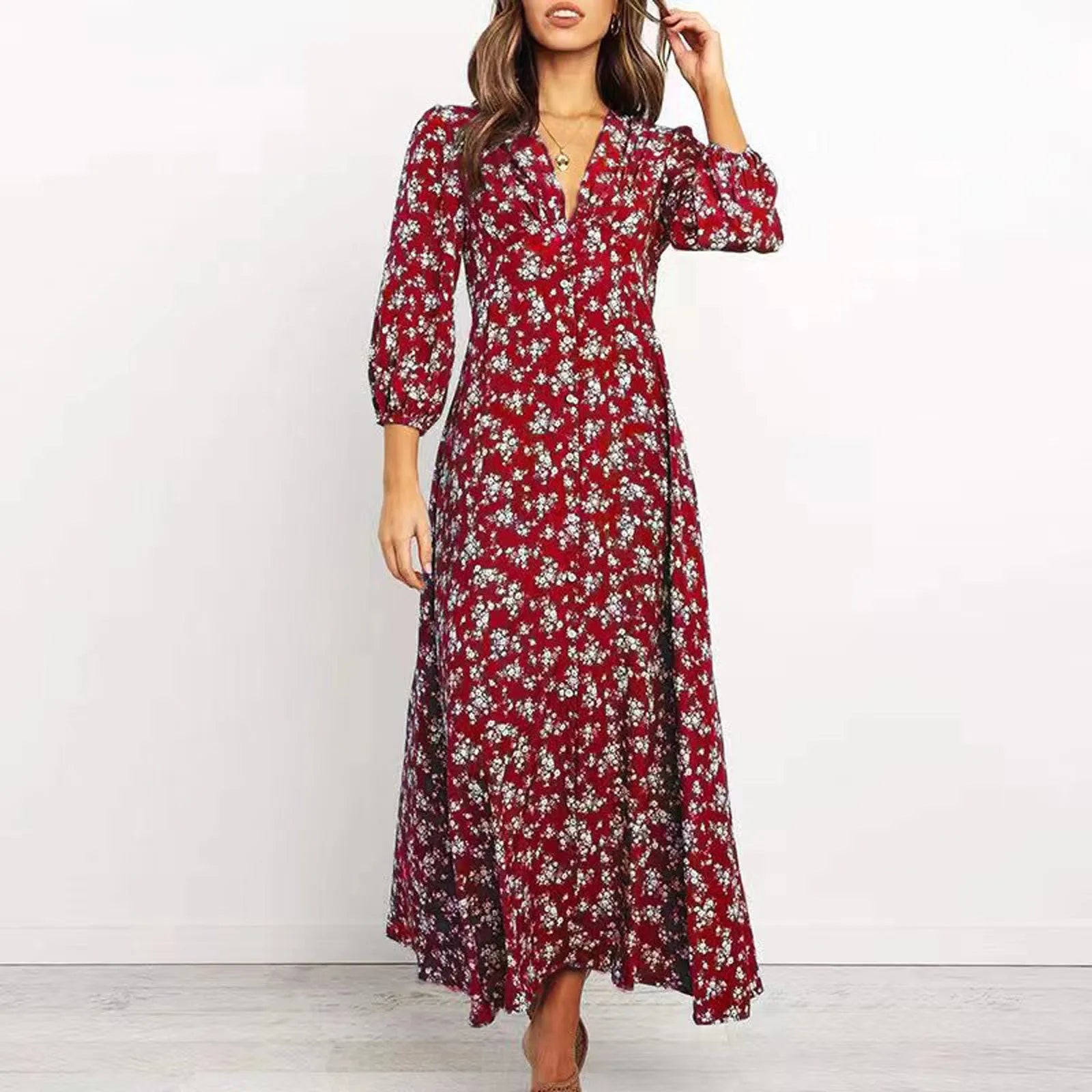 Women's Long Sleeve Bohemian Floral Maxi Dresses Loose Casual High Waist Boho Printed Maxi Dress