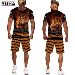 YUHA,Tiger King 3D Printed Men's T-shirt+Shorts Suit Unisex Cool Animal Summer O-Neck Tops