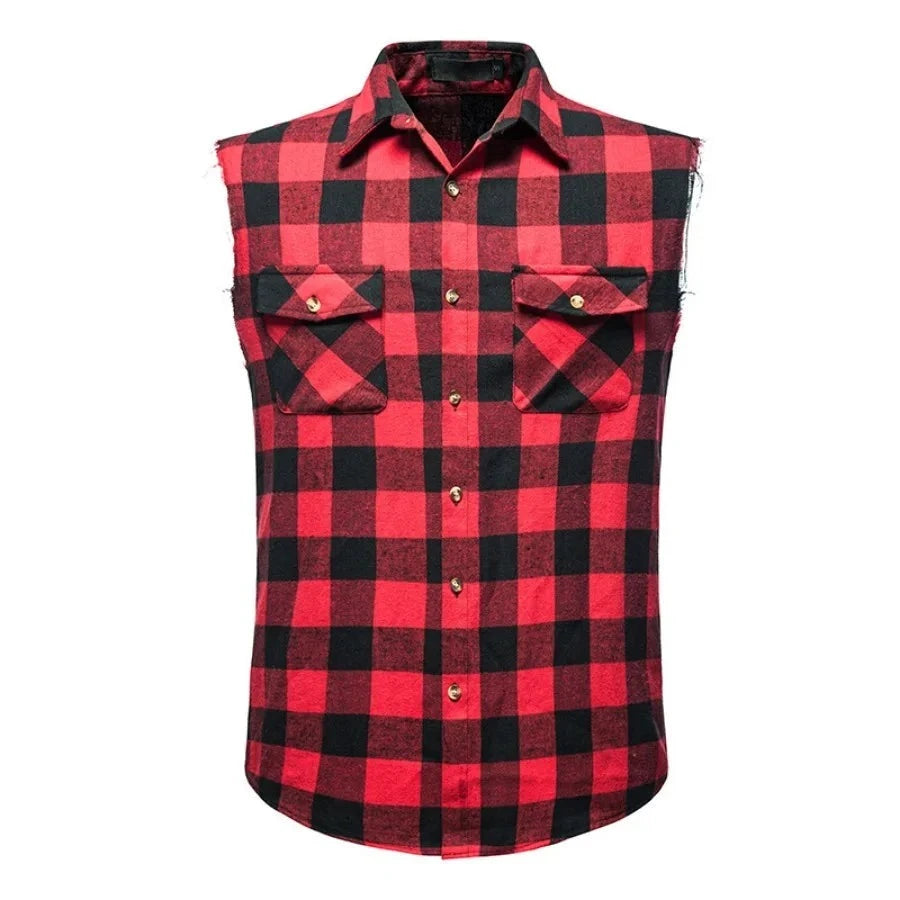 Men's Plaid Sleeveless Vests Turn-down Collar Shirts Vest Casual Single-breasted Plaid Tank Top