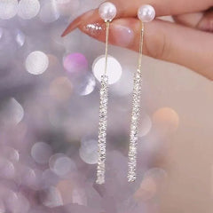 Long Tassel Pearl Dangle Earrings for Women Luxury Full Rhinestone Gold Color Drop Earrings